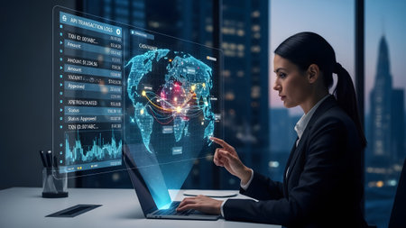 Businesswoman interacts with holographic global data display for advanced analytics