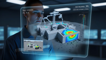 Engineer uses holographic display to monitor robotic construction and structural integrity on...