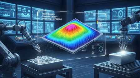 Futuristic laboratory with robotic arms and holographic density analysis for material science
