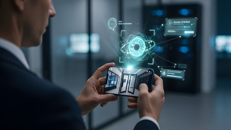 Man utilizing a smartphone for advanced biometric security access in a data center
