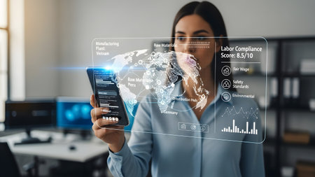 Businesswoman using augmented reality to analyze global supply chain data and labor compliance