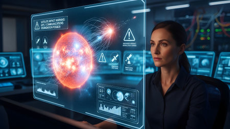 Scientist observing a holographic cosmic simulation with advanced data in a high-tech control center