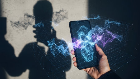 Capturing the future: a human hand holding a smartphone with a vibrant digital network projection