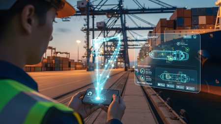 Worker uses augmented reality and smartphone for smart port logistics management