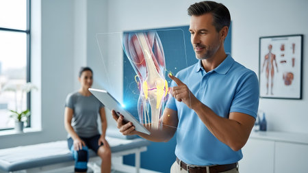 A medical professional uses augmented reality on a tablet to explain knee anatomy to a patientの写真素材