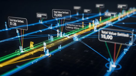 Digital network visualizes global financial transactions and data flow with real-time metrics