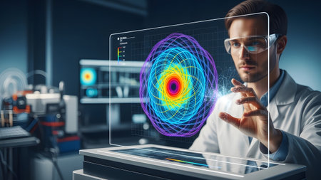 Scientist analyzing complex holographic data in a modern research laboratory