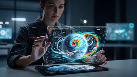 A scientist interacts with a holographic display showing advanced climate data visualizationの写真素材