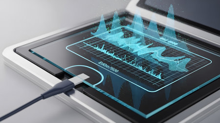 Advanced digital interface displaying holographic data visualizations on a connected device