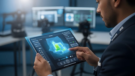 Professional operating a digital tablet with advanced data visualization in a control room