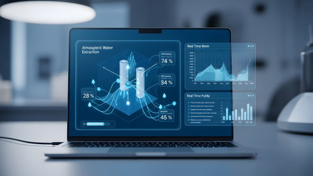 Advanced atmospheric water extraction system monitoring on a laptop with real-time data analysis