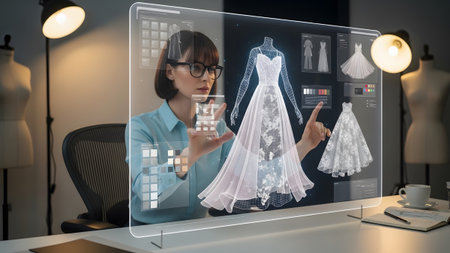 Fashion designer utilizing futuristic holographic technology to create elegant bridal gowns