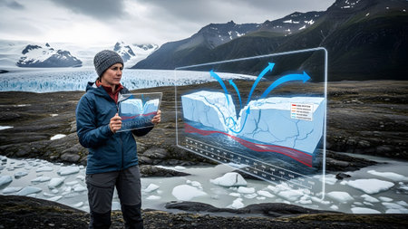 A researcher analyzes glacier melt data using advanced holographic technology in a glacial...