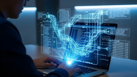 A professional engaging with advanced digital data visualization on a laptop screen