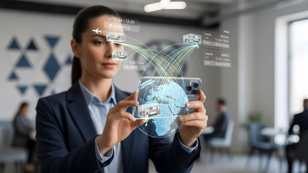 Businesswoman utilizing augmented reality on smartphone for global travel management