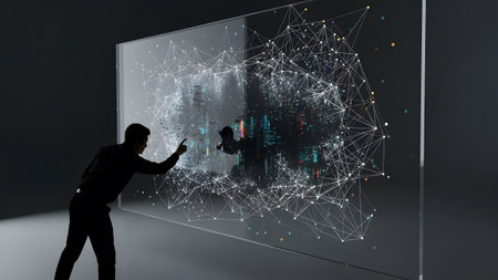 A man's silhouette interacts with a futuristic holographic display visualizing complex data