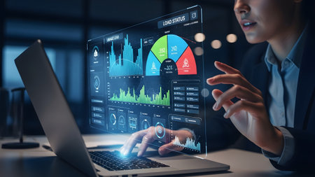 Professional analyzing business analytics and data visualizations on a futuristic display