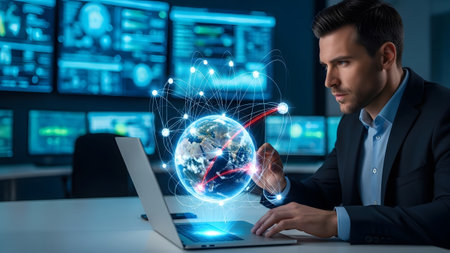 Global connectivity: professional managing worldwide data networks in a high-tech control room