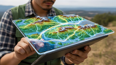 Man interacts with an advanced 3d topographic map on a tablet in an outdoor setting