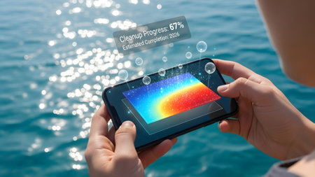 Augmented reality on a smartphone shows cleanup progress for ocean environmental efforts