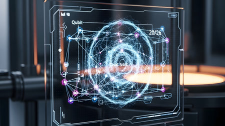 Quantum computing visualization on a transparent holographic screen with glowing data network
