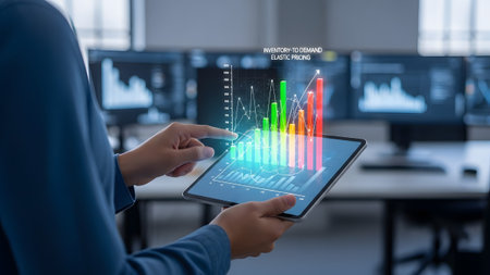 Analyzing business data with interactive holographic charts on a tablet for strategic pricing