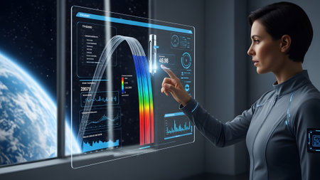 Female scientist interacting with a futuristic holographic display showing advanced space data