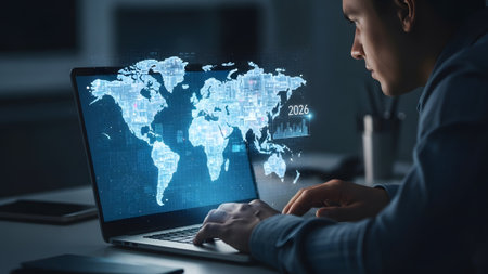 Man focused on laptop screen displaying a glowing world map with data projections for 2026