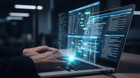 Developer's hands engaging with complex code and data on a laptop screen, highlighting advanced...