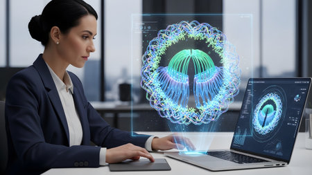 A businesswoman interacting with advanced holographic ai visualization in a modern office