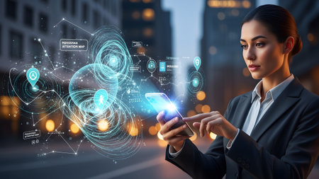Businesswoman interacts with holographic data visualization on smartphone in a modern city