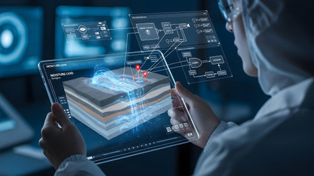 Scientist analyzing a holographic 3d geological model on a transparent tablet