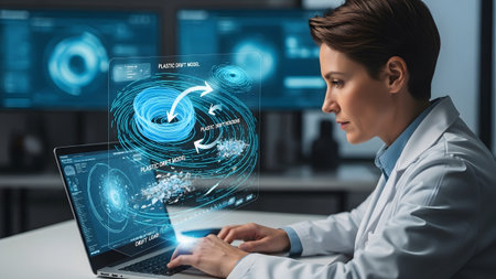 Female scientist utilizing advanced holographic data visualization for scientific research and...