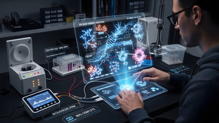 Biotechnologist utilizing advanced holographic interface for genetic research and analysis