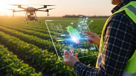 Farmer uses holographic tablet and drone for smart agriculture in a field at sunset