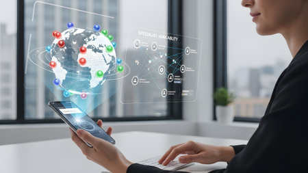 Businesswoman interacting with a holographic globe and global data network via smartphone
