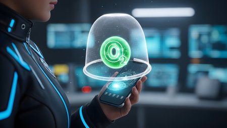 Monitoring oxygen levels with advanced holographic smartphone technology in a futuristic setting