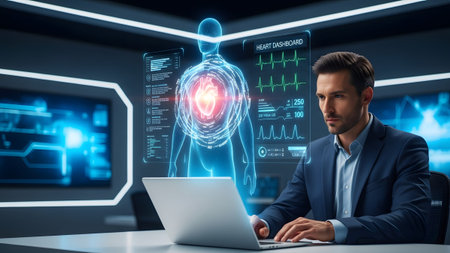 Man analyzing advanced holographic medical data for precise cardiac diagnosis