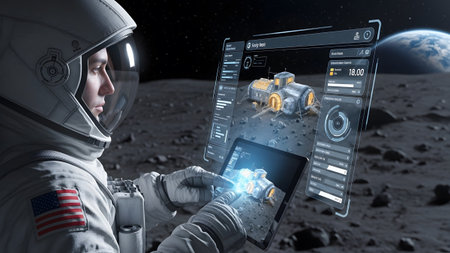 Astronaut interacting with holographic display technology on the lunar surface with earth in view