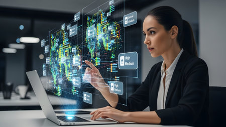 Businesswoman interacts with a futuristic data visualization of a global network