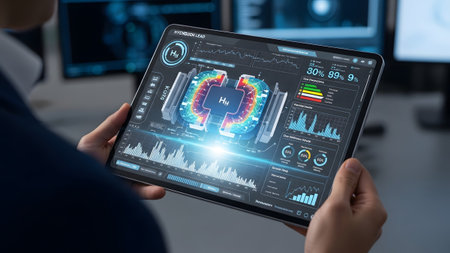 Person analyzing advanced holographic data visualization on a tablet for future technology solutions