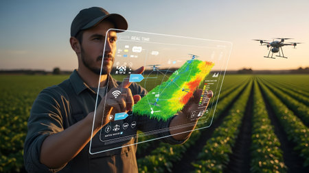 Future of agriculture: farmer analyzes field data with futuristic display and drone technology