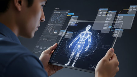 Man interacts with futuristic transparent tablet displaying holographic human body and data