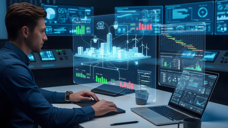 Professional analyzes complex smart city data on futuristic holographic displays and monitors