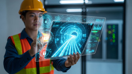 Professional oversees secure digital infrastructure with innovative holographic interface