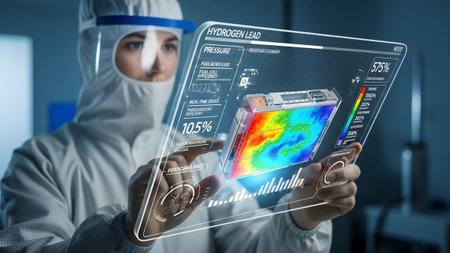 Scientist in cleanroom suit interacts with a futuristic holographic display for data analysis