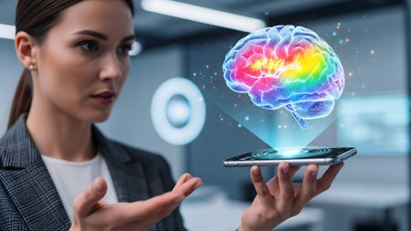 Woman observes holographic brain from smartphone, symbolizing ai and future technology