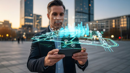 Man interacts with augmented reality smart city interface on his smartphone in urban setting