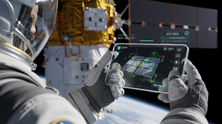 Astronaut utilizing augmented reality device for satellite repair in earth orbit