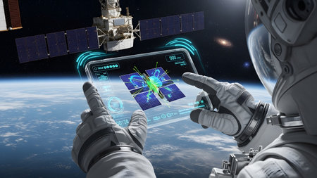Astronaut utilizing advanced holographic technology to monitor and interact with satellites in orbit